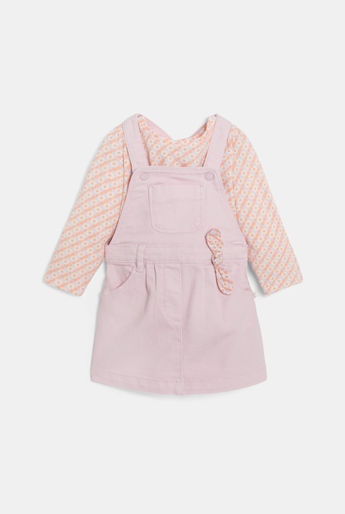 Robe salopette twill coton et t-shirt fleuri rose bébé fille 1