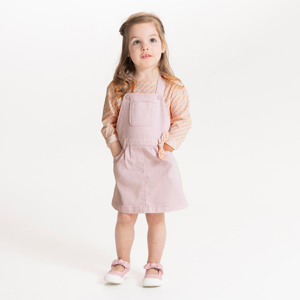 Baby girl's pink twill cotton pinafore dress and floral T-shirt 1