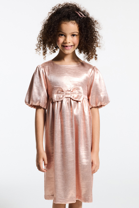 Girl's pink sparkly crêpe dress with balloon sleeves 1