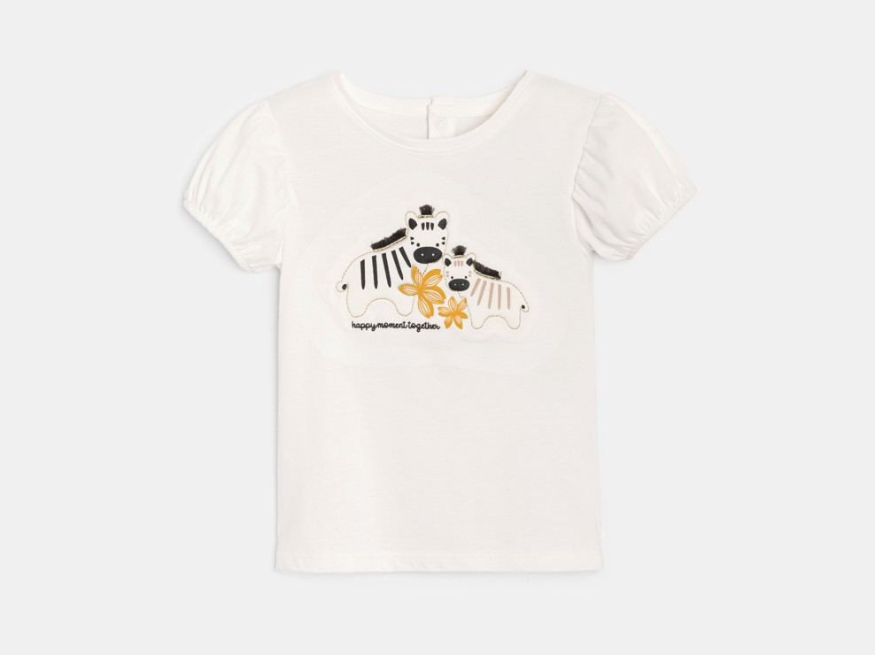 Weißes T-Shirt mit Ballonärmeln und aufgestickten Zebras Kleinkind Mädchen 1