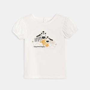 Baby girl's white puff sleeve T-shirt with embroidered zebra 1