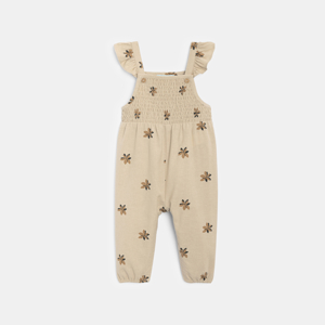 Salopette smockée coton et lin fleurie beige bébé fille 1