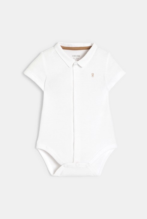 Kurze braune Latzhose mit Streifen und Body mit Polokragen Kleinkind Junge 2