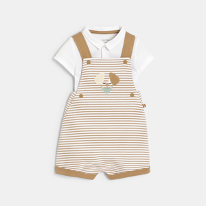 Baby boy's brown striped short overalls and polo shirt style bodysuit 1