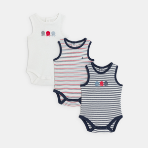 Baby boy's blue striped sleeveless octopus bodysuit (pack of 3) 1