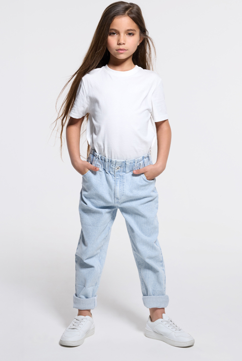 Jean mom en denim rayé bleu Fille 1