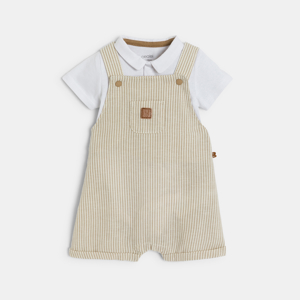 Newborn boy's beige short overalls and bodysuit 1