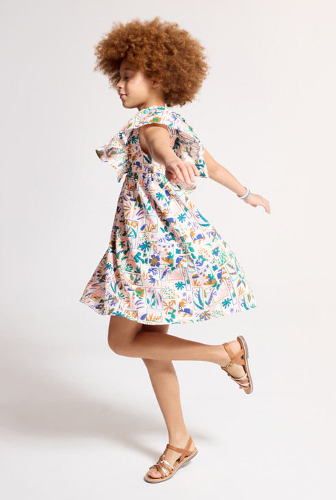 Bedrucktes Kleid in Beige, Flügelärmel mit Volants, für Mädchen 2