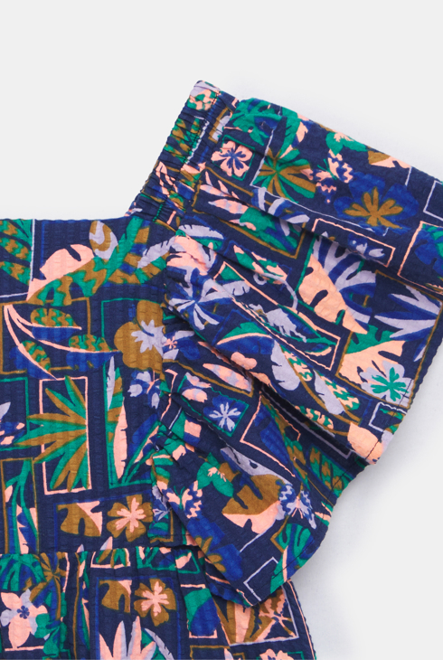 Bedrucktes Kleid in Blau, Flügelärmel mit Volants, für Mädchen