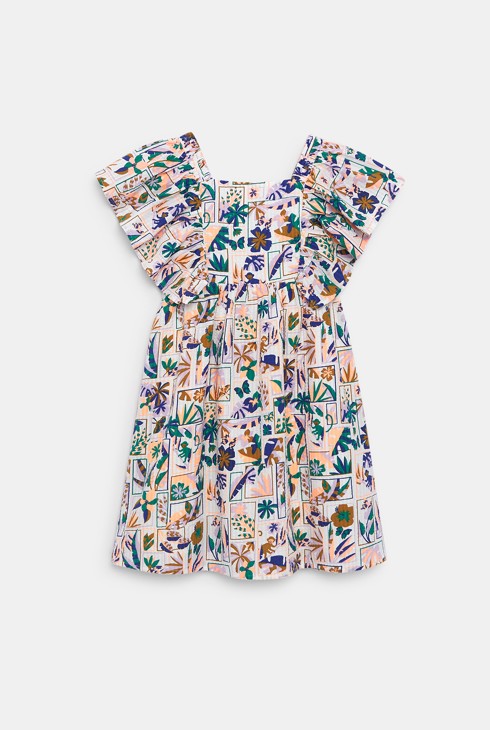 Girl's beige printed dress with ruffled sleeves 2