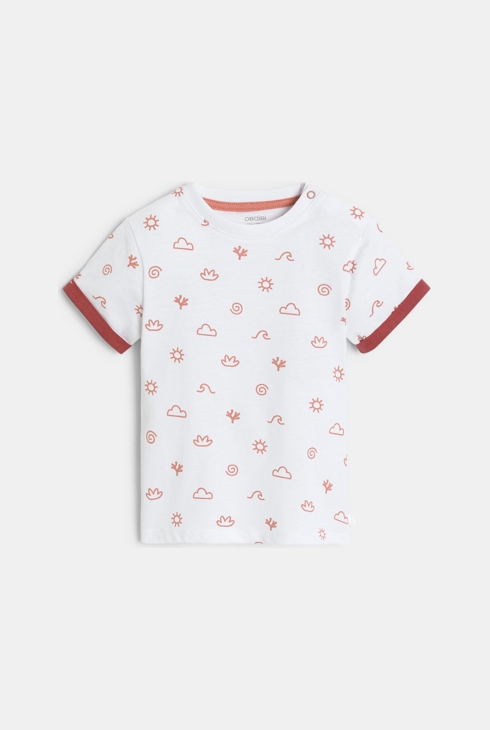 Kurze Latzhose aus Denim und T-Shirt in Rot Kleinkind Junge