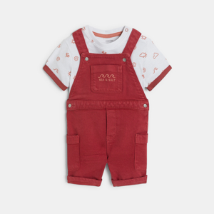 Baby boy's short denim dungarees and red T-shirt 1