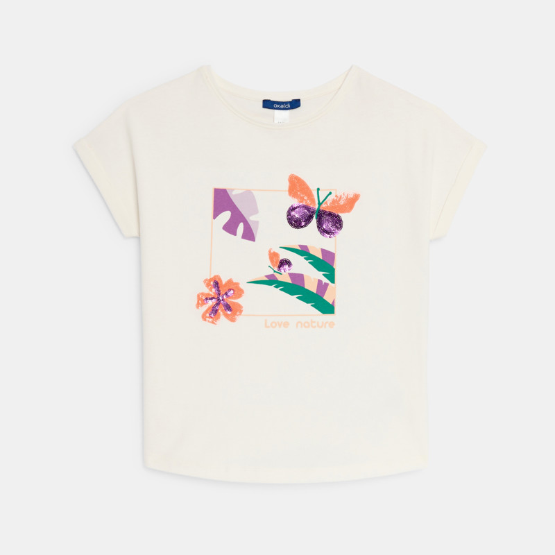 Kurzarm-T-Shirt mit Pailletten Ecru Mädchen