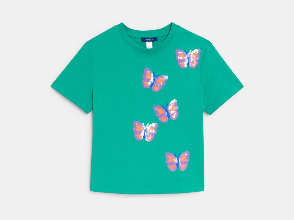 T-shirt manches courtes à sequins vert Fille 1