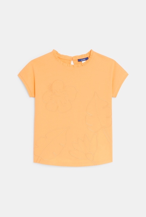 Kurzarm-T-Shirt mit gestickten Motiven Hellorange für Mädchen