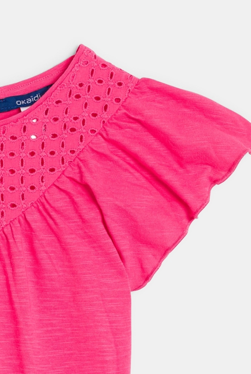 Gelbes Kurzarm-T-Shirt mit Lochstickerei-Detail für Mädchen