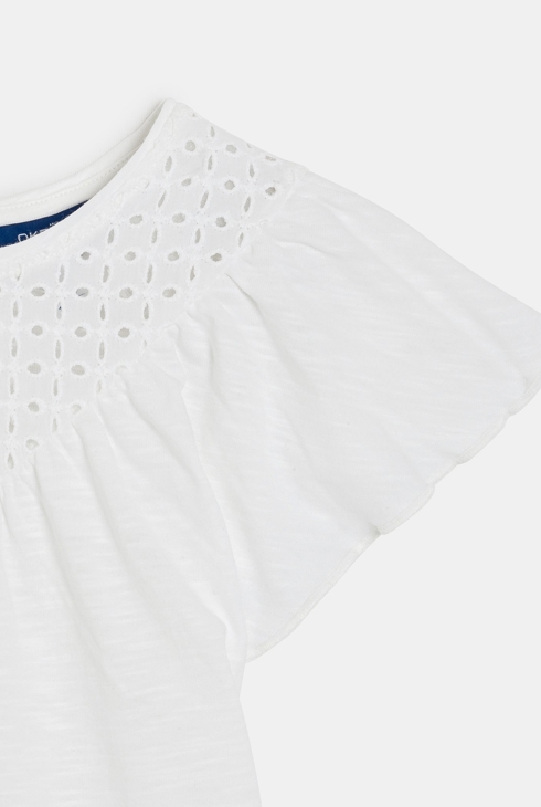 Weißes Kurzarm-T-Shirt mit Lochstickerei-Detail für Mädchen