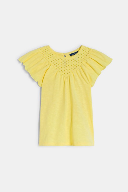 T-shirt manches courtes détail broderie anglaise jaune Fille 2