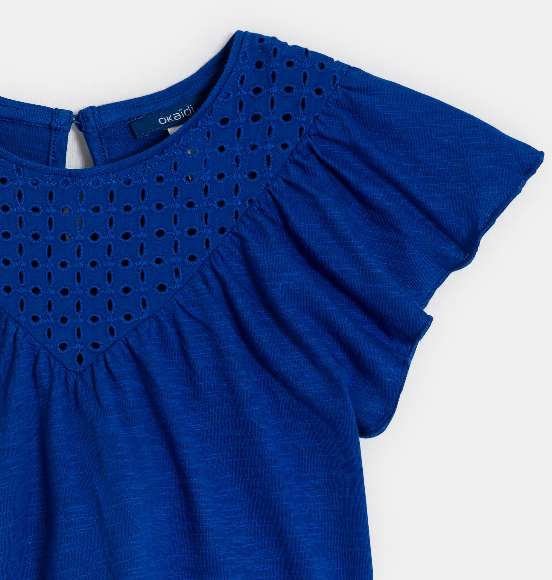 T-shirt manches courtes détail broderie anglaise bleu Fille 2