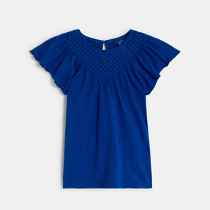 T-shirt manches courtes détail broderie anglaise bleu Fille 1