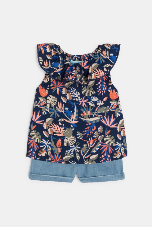 Bluse mit Rüschenkragen und Shorts aus leichtem Denim in Blau Kleinkind Mädchen 2