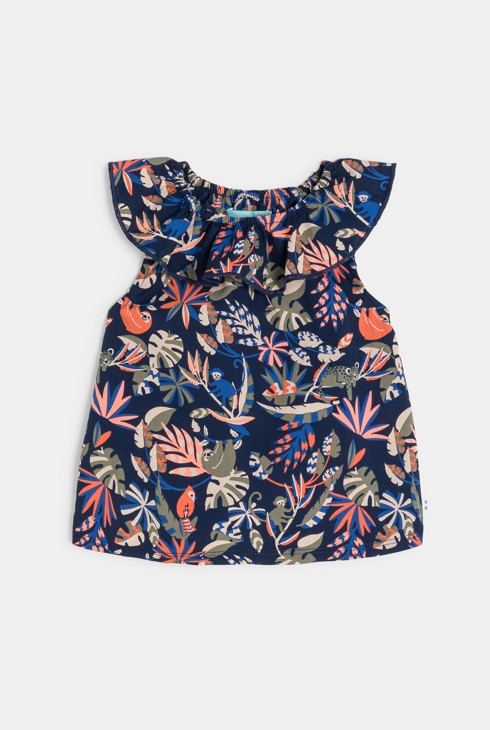 Blouse col volanté et short denim léger bleu bébé fille