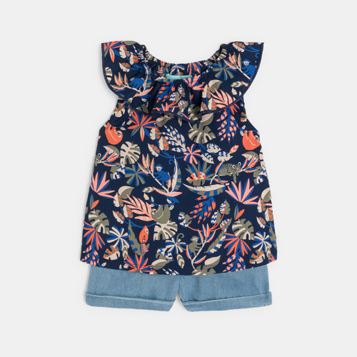 Blouse Col Volanté Et Short Denim Léger Bleu Bébé Fille - Denim Bleu - 3M - OBAIBI