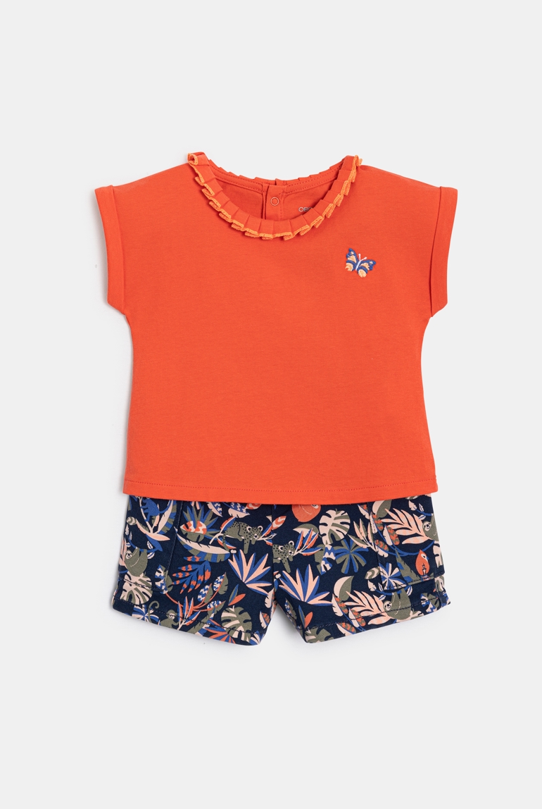 T-shirt in jersey e pantaloncini arancione con stampa per neonata 1