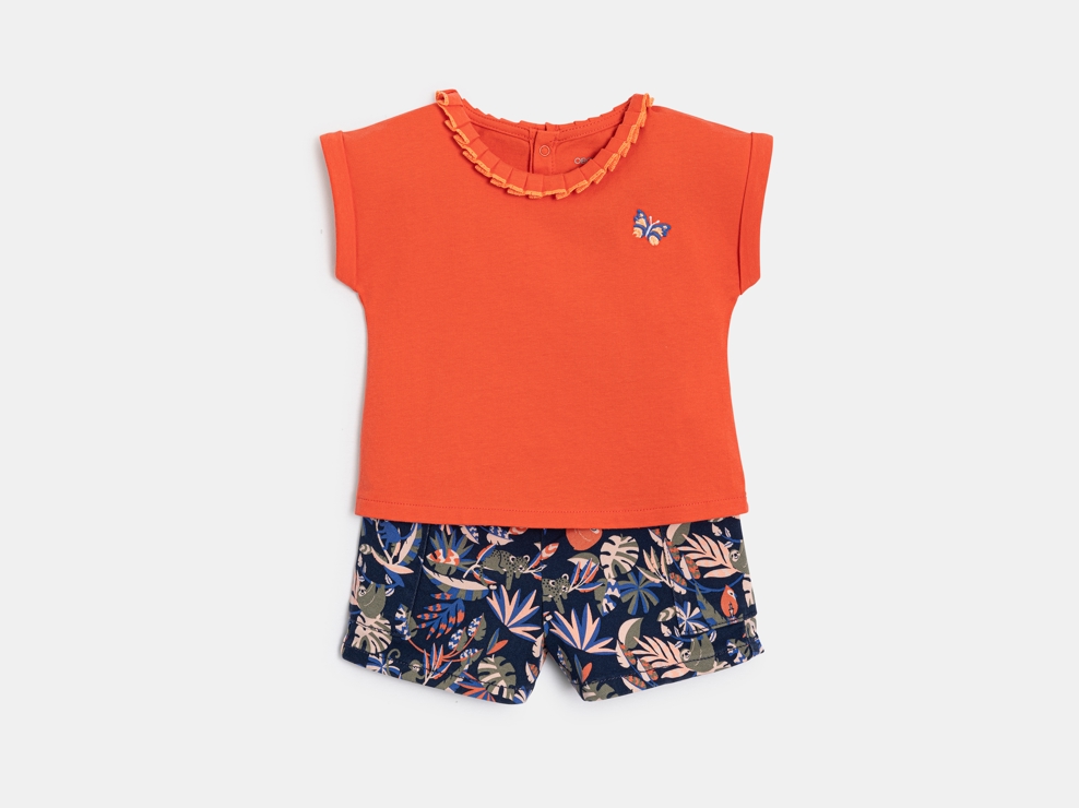 Jersey-T-Shirt in Orange und bedruckte Shorts für kleine Mädchen 1