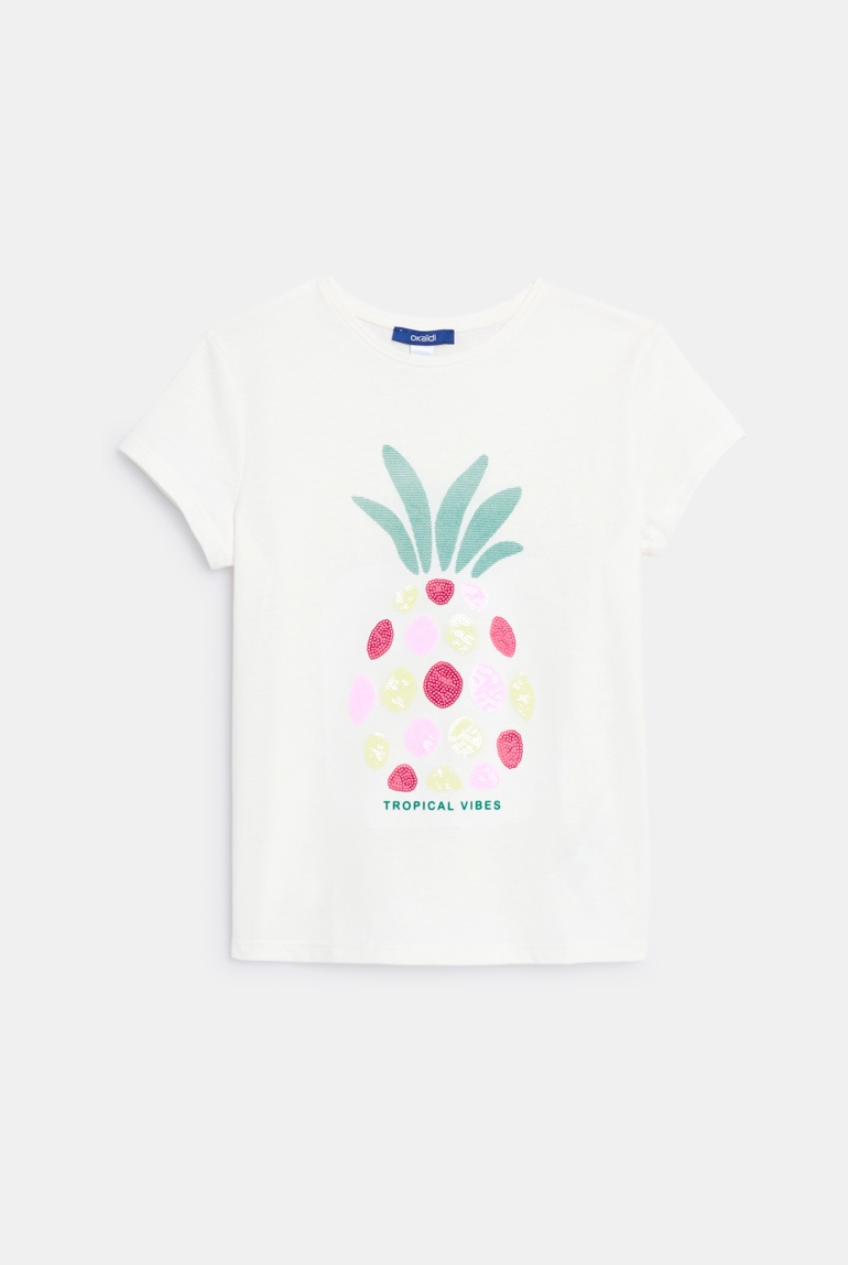 T-shirt manches courtes à sequins blanc Fille 1