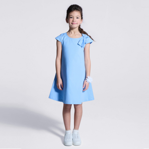 Robe chic unie nœud épaule bleu Fille 1