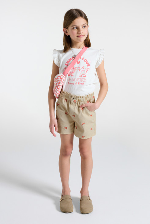 Short denim brodé beige fille 1