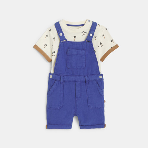 Salopette Courte Coton Et T-shirt Bleu Bébé Garçon - Bleu Faience - 6M - OBAIBI