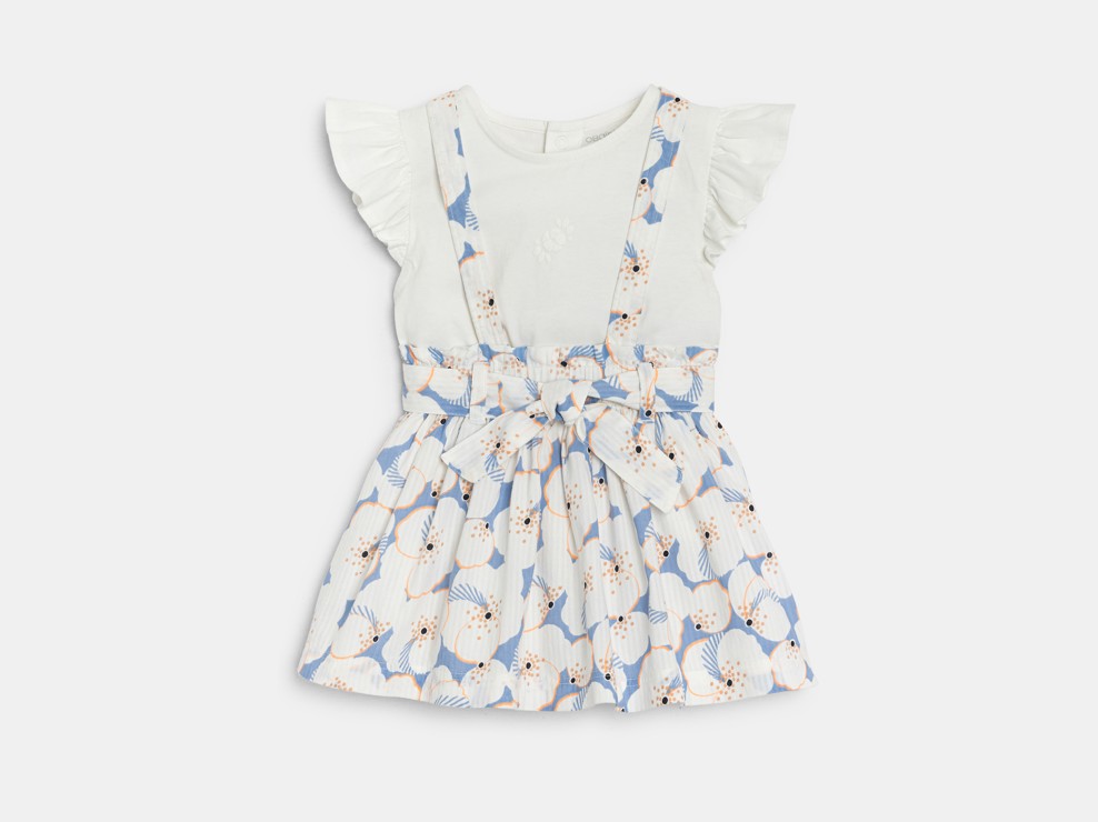 Wit T-shirt en rokje met bloemenprint en bretellen voor babymeisjes 2