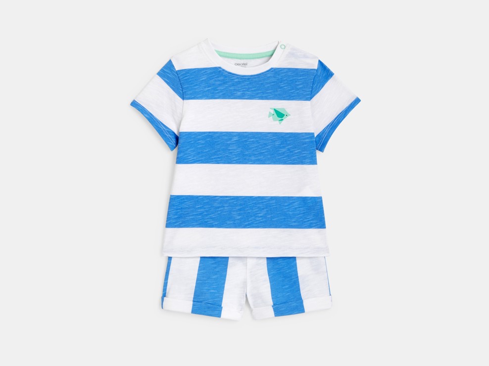 T-shirt et short rayures larges bleu bébé garçon 1