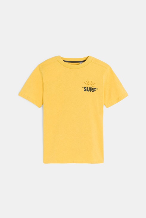 Gelbes Kurzarm-T-Shirt mit Schriftzug vorne und hinten für Jungen 2