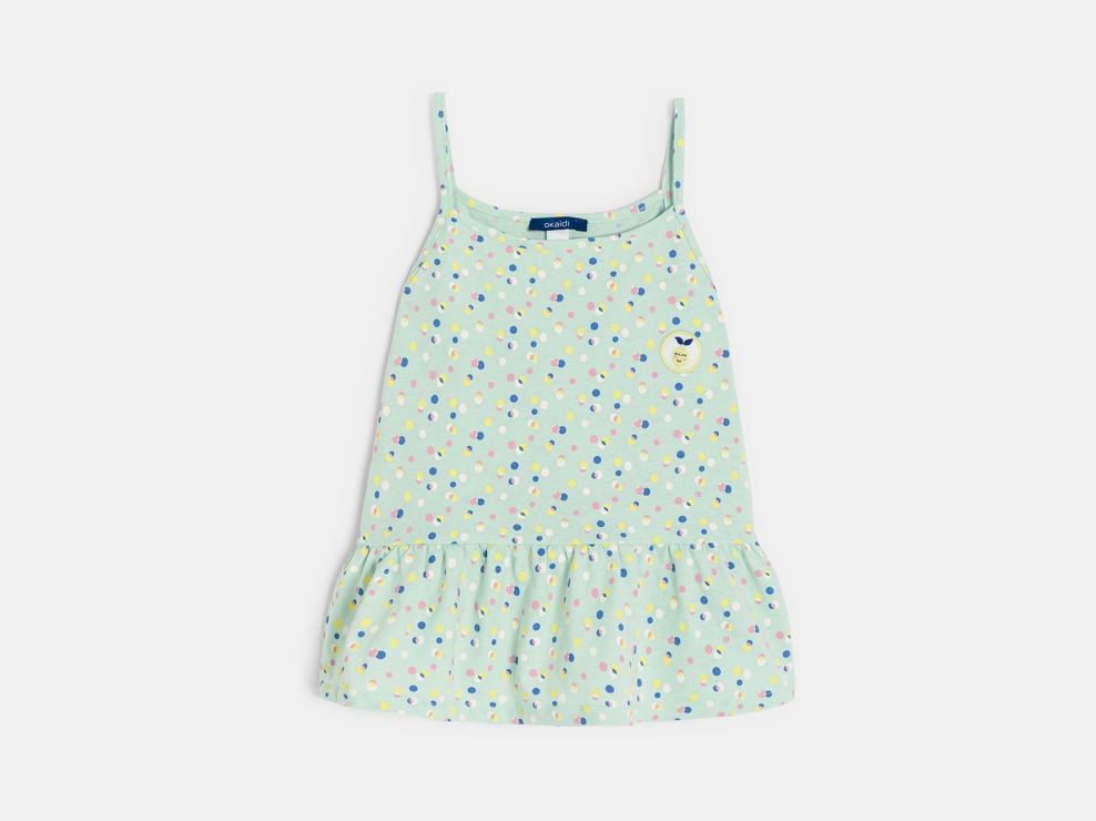 Camiseta de tirantes de punto jersey estampada y con volante verde niña 1