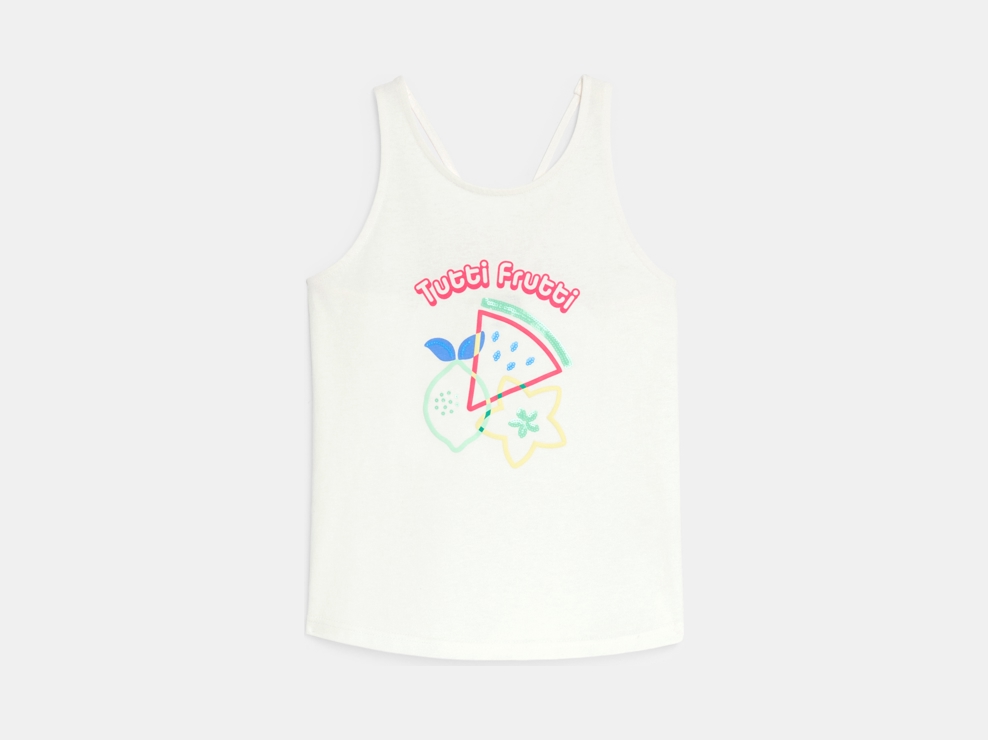 Camiseta de tirantes motivos estampadados y lentejuelas blanco niña 1