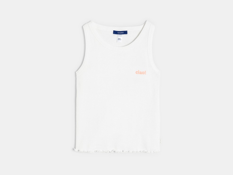 Granatowa podkoszulka na ramiączkach w prążki z napisem dla dziewczynki 2