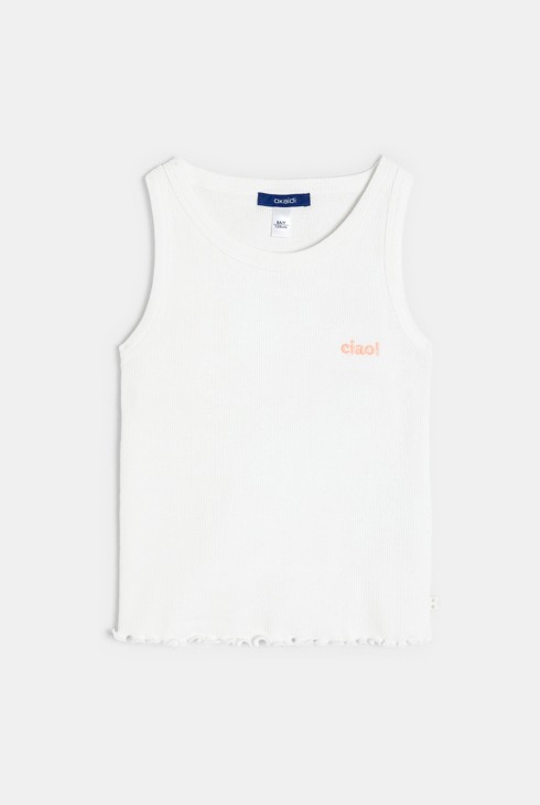 Camiseta de tirantes Marcel de canalé con mensaje azul marino niña 1