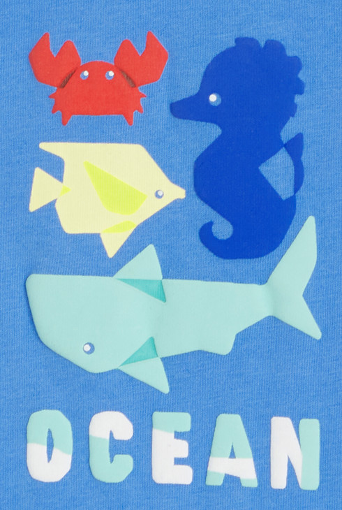 Kurzer blauer Einteiler mit Meeresmotiven für kleine Jungen 2