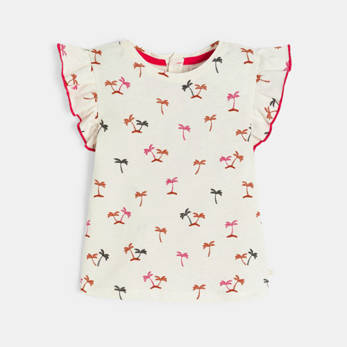 T-shirt Manches À Volants Palmiers Blanc Bébé Fille - Ecru Moyen Fonce - 12M - OBAIBI