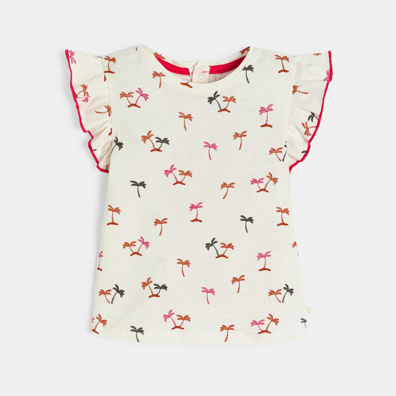 T-Shirt mit volantierten Ärmeln und Palmenprint in Weiß für kleine Mädchen