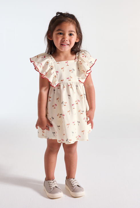 Fließendes beiges Kleid mit Volants und Palmen für kleine Mädchen 1