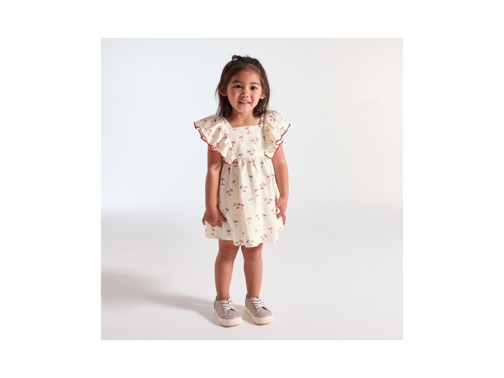 Fließendes beiges Kleid mit Volants und Palmen für kleine Mädchen 1