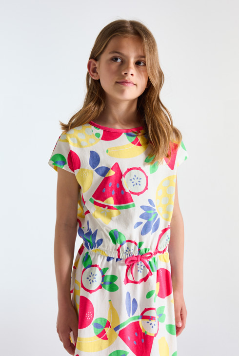 Kurzes Jerseykleid mit mehrfarbigen Früchten für Mädchen 2
