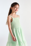 Robe à bretelles détail crochet et volant vert Fille 4