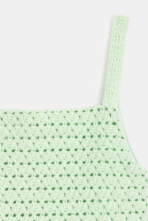 Robe à bretelles détail crochet et volant vert Fille