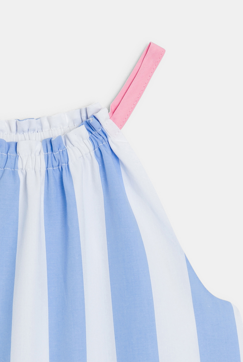 Blaues Trägerkleid aus gestreiftem Popeline für Mädchen