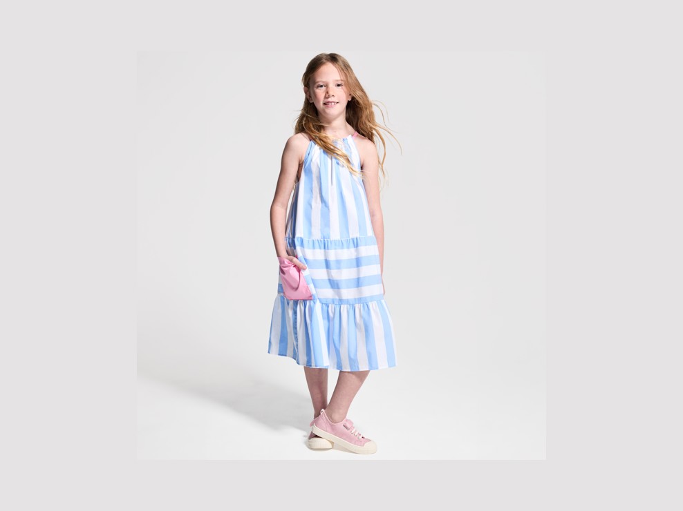 Abito in popeline blu a righe blu con spalline bambina 1